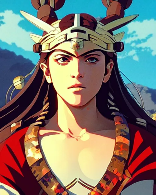 Image similar to young madonna as an azctec warrior, detailed perfect face, exquisite details, fire magic, mid view, design on a white background, by studio muti, greg rutkowski makoto shinkai takashi takeuchi studio ghibli