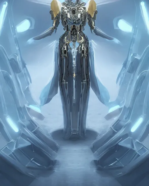 Image similar to benevolent cyborg necromancer, scifi, futuristic, elegant cape, helpful, kind, intelligent, alien room background, white, blue, gold, highly detailed, trending on artstation, soft light, holy machine, advanced technology, art by vitaly bulgarov and nivanh chanthara