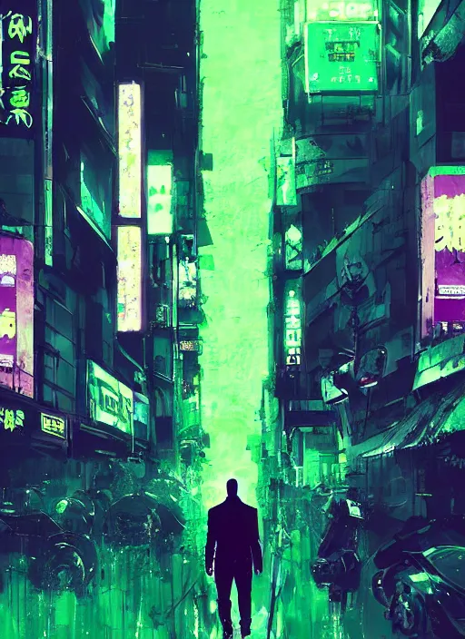 Image similar to jason statham as masked jaguar god walking in shinjuku, green and purple hour by ismail inceoglu