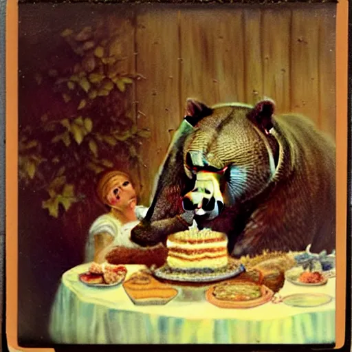 Image similar to polaroid photo of a bear eating cake at his 7 0's birthday at a zoo, highly detailed painting by gaston bussiere, craig mullins, j. c. leyendecker