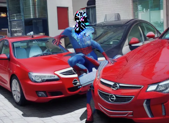 Image similar to spiderman stand next to opel sedan