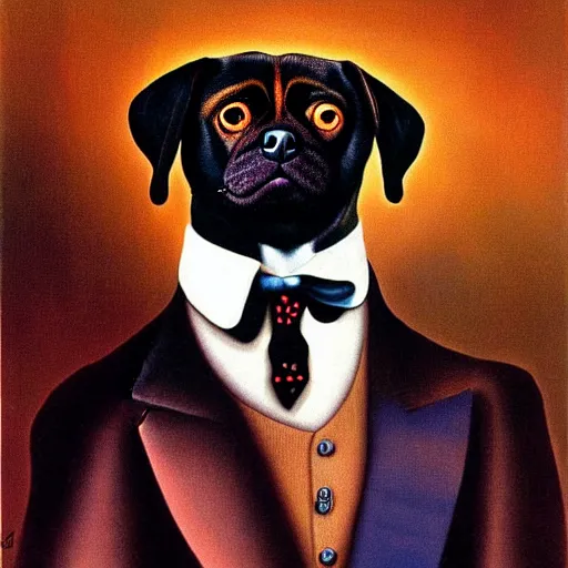 Image similar to a surrealist portrait of black pugalier dog wearing suit and tie, surreal background, by salvador dali