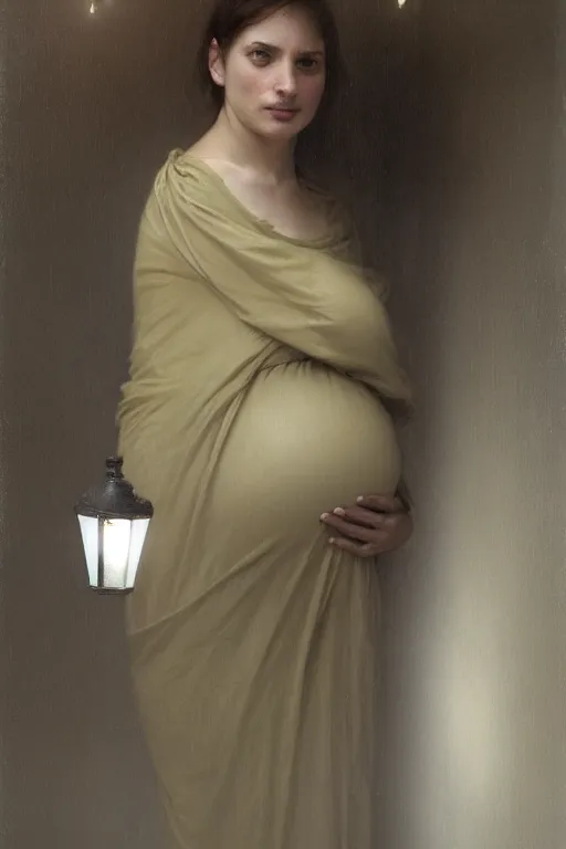 Image similar to pregnant woman under street light, casual wear, by Alyssa Monks, Bouguereau