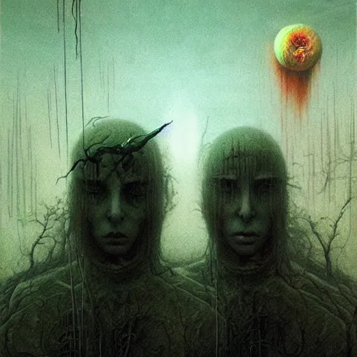 Image similar to demons chasing us, by beksinski and tristan eaton, dark neon trimmed beautiful dystopian digital art