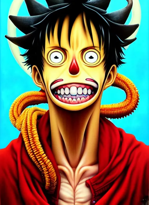 Prompt: lovecraftian portrait of luffy, pixar style, by tristan eaton stanley artgerm and tom bagshaw