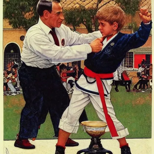 Image similar to benjamin netanyahu karate chopping a kid while wearing karate uniform, by michael cheval and norman rockwell, highly detailed