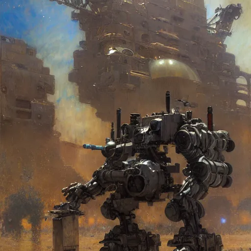 Image similar to six meters tall mech fighting in an urban environment, minigun, by gaston bussiere craig mullins jc leyendecker gustav klimt artgerm greg rutkowski john berkey, bergey, craig mullins, ruan jia, raymond swanland, jeremy mann, tom lovell, alex malveda