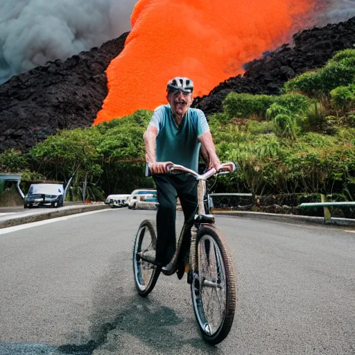 Prompt: elderly man riding a bike in a lava flow, wheelie, stunt, trick, volcano, eruption, magma, lava, canon eos r 3, f / 1. 4, iso 2 0 0, 1 / 1 6 0 s, 8 k, raw, unedited, symmetrical balance, wide angle