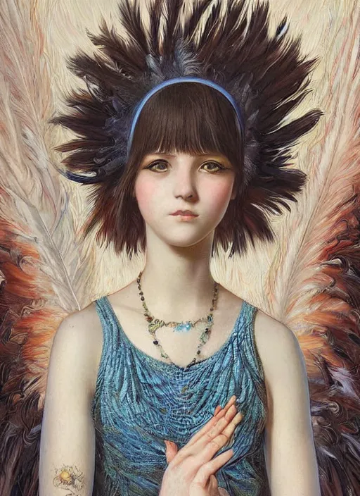 Prompt: teen girl with an eccentric haircut wearing an dress made of feathers, artwork made by ilya kuvshinov and donato giancola
