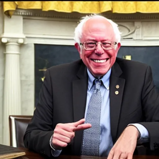 Image similar to president bernie sanders smiling in the oval office