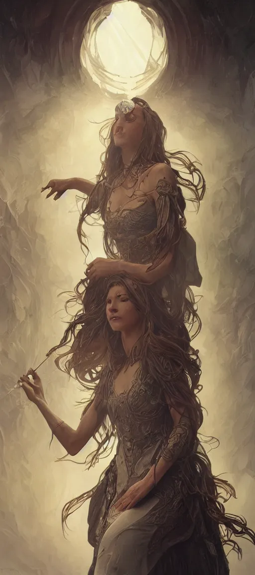 Image similar to a witch casting a spell, sci-fi, face, long hair, fantasy, intricate, elegant, highly detailed, digital painting, artstation, concept art, smooth, sharp focus, illustration, art by artgerm and greg rutkowski and alphonse mucha