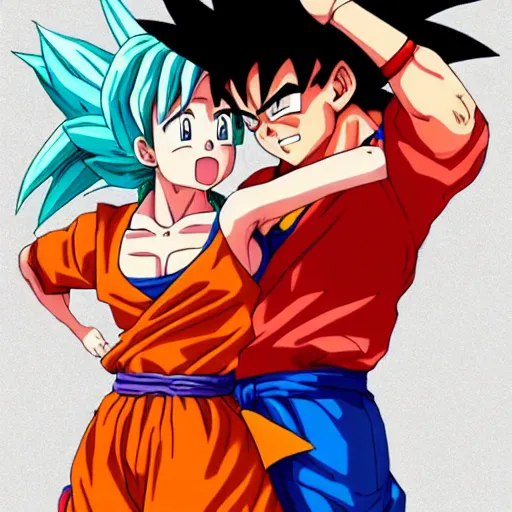 Image similar to An anime portrait of Goku dancing salsa with Bulma , by Stanley Artgerm Lau, WLOP, Rossdraws, James Jean, Andrei Riabovitchev, Marc Simonetti, and Sakimichan, tranding on artstation