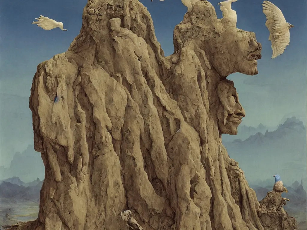 Image similar to Albino mystic with his back turned, looking in the distance in the mountains at giant totemic archaic sculpture mask sculpted temple from Lapis Lazuli with beautiful exotic dove. Painting by Jan van Eyck, Beksinski, Audubon, Rene Magritte, Agnes Pelton, Max Ernst, Walton Ford