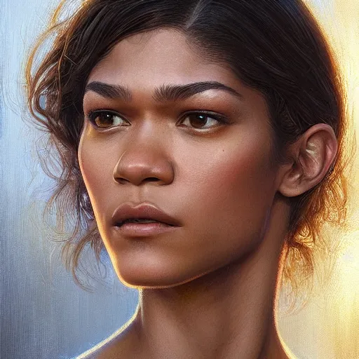 Image similar to zendaya, closeup portrait art by donato giancola and greg rutkowski, realistic face, digital art, trending on artstation, symmetry!!