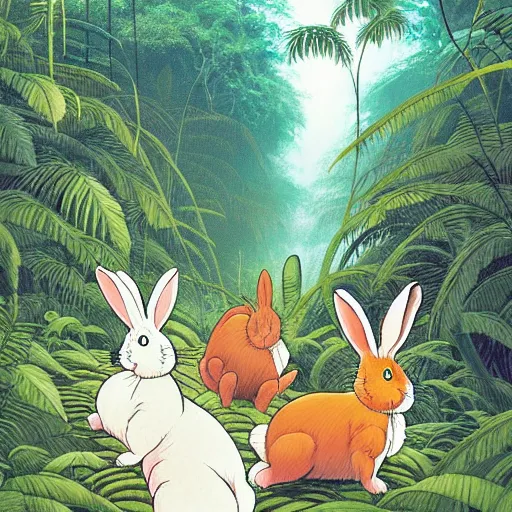 Prompt: rabbits chasing in tropical rainforest, hayao miyazaki