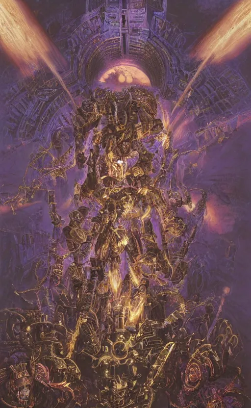 Prompt: epic omnious academic drawing of a heroic but corrupted wh40k heretic marine having his consciousness uploaded into iridescent warp by Slaanesh his Highness the chaotic androgynous deity in solemn golden and marble slaaneshite temple by James Gurney, Zdislaw Beksinski, Alex Gray, Greg Rutkowski, Robert McCall