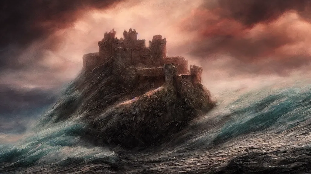 Prompt: Waves engulfing the walls of Winterfell, A Dream, Stormy Weather, Game of Thrones, Vivid, volumetric lighting, fantasy artwork, very realistic painting effect, hd, hdr, cinematic 4k wallpaper, 8k, ultra detailed, high resolution, artstation, in the style of Marc Simonetti