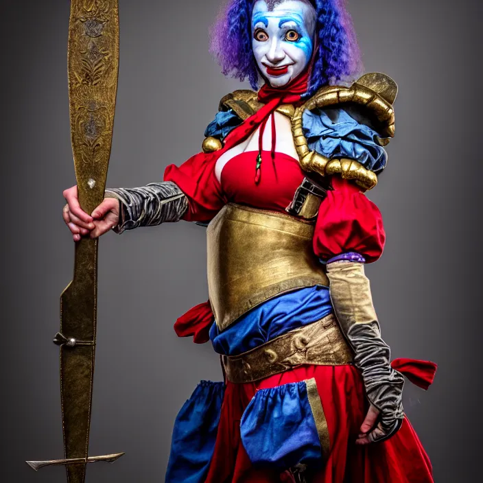 Image similar to full length photo of a real - life beautiful female jester warrior, 8 k, hdr, smooth, sharp focus, high resolution, award - winning photo