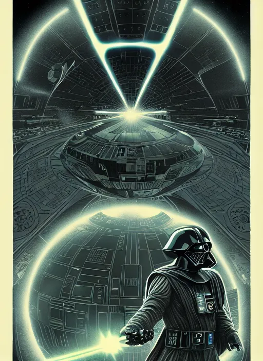 Image similar to platonic ideal luke skywalker, nazgul mandelbulb, deathstar, millenium falcon, detailed, darth vader, action pose, intricate, volumetric lighting, moebius, dan mumford, alphonse mucha, poster,