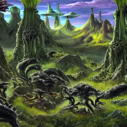 Image similar to An otherwordly, alien landscape with strange plants and creatures, realistic, ultra high detail.