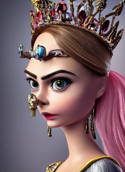 Prompt: closeup face profile portrait of a tin toy cara delevingne as a fairytale princess wearing a crown, bikini, depth of field, zeiss lens, detailed, symmetrical, centered, fashion photoshoot, by nicoletta ceccoli, mark ryden, lostfish, breathtaking, 8 k resolution, extremely detailed, beautiful, establishing shot, artistic, hyperrealistic, octane render