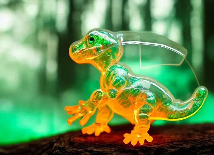 Image similar to photo of a translucent clear chibi style baby dinosaur made out of clear plastic, but has red hypercolor glowing electric energy inside its body, in the forest. fantasy magic style. highly detailed 8 k. intricate. nikon d 8 5 0 3 0 0 mm. award winning photography. design by pixar