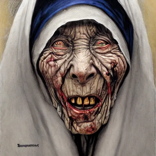 Image similar to a hyperrealistic painting of mother theresa as a zombie, by santiago caruso, highly detailed, sharp focus,