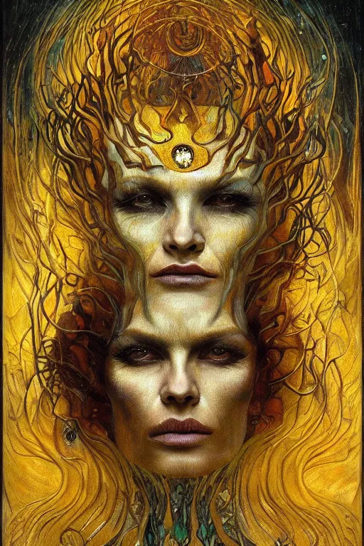 Image similar to Visions of Hell by Karol Bak, Jean Deville, Gustav Klimt, and Vincent Van Gogh, nightmare portrait, infernal, visionary, otherworldly, fractal structures, ornate gilded medieval icon, third eye, hellfire, stygian, spirals