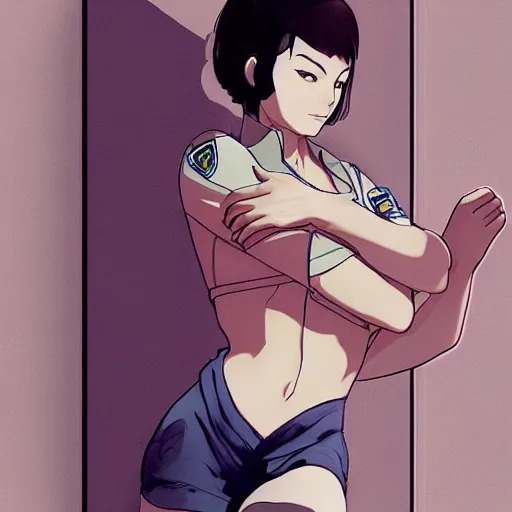 Image similar to girl, police suit, artwork made by makoto shinkai, inspired in balthus and hirohiko araki, clean details, light color palette, candy, anatomically proportional, hd