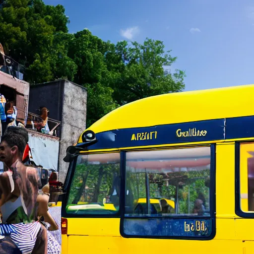 Image similar to A yellow bus with a pool and barbecue filled with people having a party going on a trip, chaotic, mess, crazy, photograph