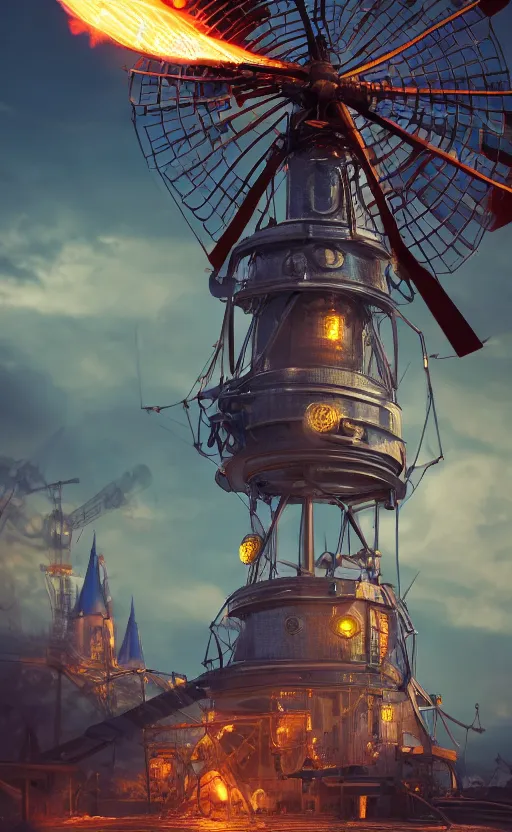 Prompt: a steampunk windmill spinning fast, robot, blue fire, ash, electricity lightning, soft, concept art, sharp focus, intricate details, highly detailed, photorealistic, disney pixar, octane render, iridescent, anime, 8 k