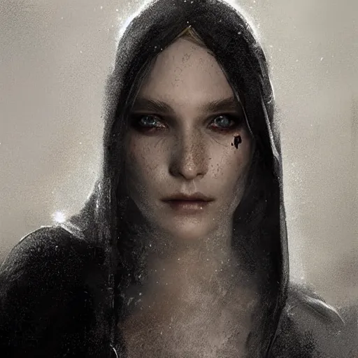 Prompt: portrait of an elf in a black cloak, silver hair and glowing eyes, detailed face, highly detailed, cinematic lighting, digital art painting by greg rutkowski.