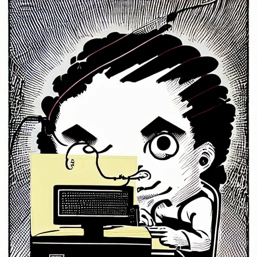 Image similar to illustration of a boy connected to his laptop with wires, highly detailed, by butcher billy, mcbess, rutkowski