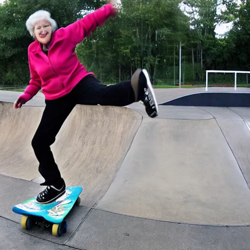 Prompt: my grandmother doing a kick-flip at the skatepark