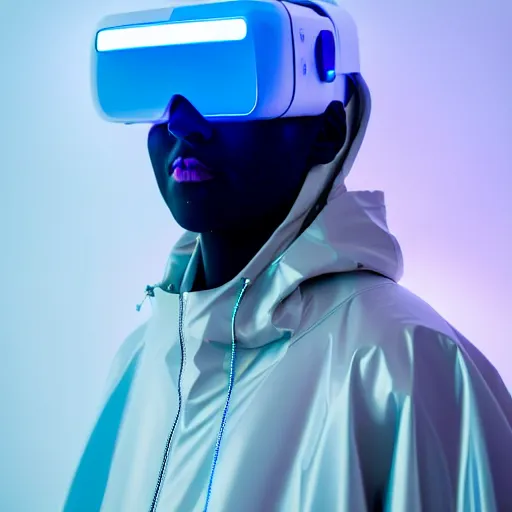 Prompt: an ultra high definition professional studio quality photograph of an artificially intelligent cyberpunk vr influencer wearing a transparent iridescent pastel coloured face visor and matching raincoat on white coat hook in a sheer icelandic black rock environment. dramatic lighting. volumetric shadows. light rays