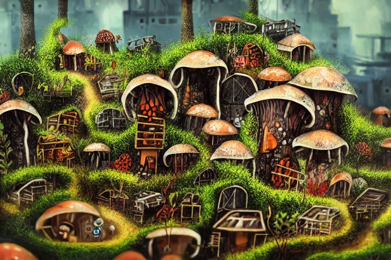 Image similar to favela fungus beehive, wooded environment, industrial factory, cheerful, award winning art, epic dreamlike fantasy landscape, ultra realistic,