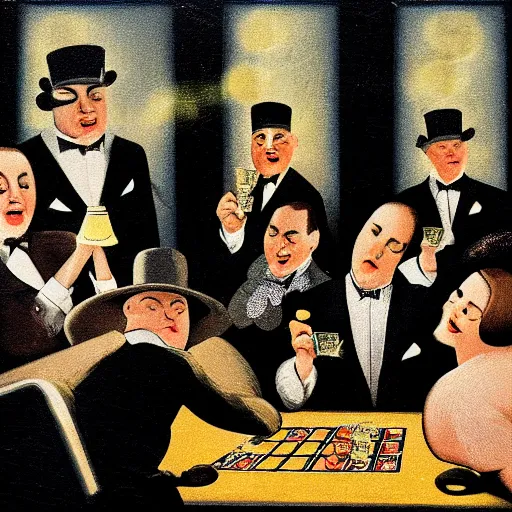 Image similar to fat cats gambling at a table with a single light overhead, dark room, smoke fills the room, roaring 2 0 s american art style