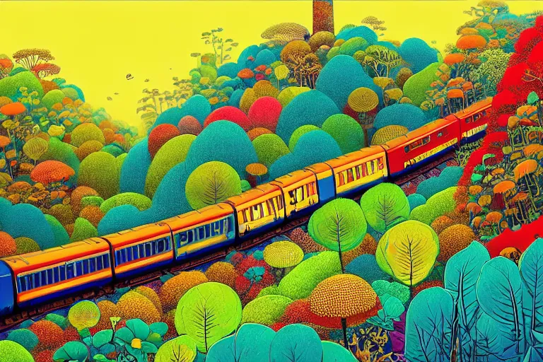 Image similar to surreal glimpse into other universe, choo choo train to penang hill, summer morning, very coherent and colorful high contrast, art by!!!! gediminas pranckevicius!!!!, geof darrow, floralpunk screen printing woodblock, dark shadows, hard lighting, stipple brush technique,