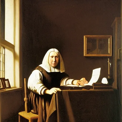 Image similar to An oil painting of Antonie van Leeuwenhoek sat at an escritoire desk with his hand touching a large fossil, there is a window with muntins to his left and a wood closet behind him, in the style of The Astronomer by Vermeer, Dutch Golden Age, Old Masters