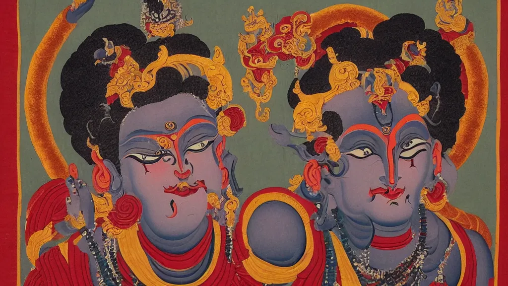 Image similar to mahakali fierce buddhist deity with the face of michel foucault, in the style of tibetan thanka painting