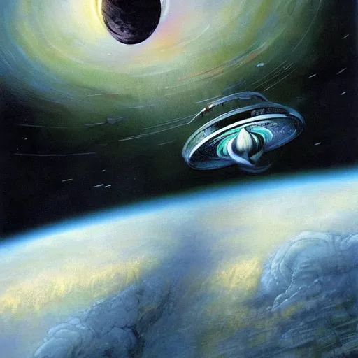 Prompt: a highly detailed painting of an intricate alien starship flying towards a black hole in space by Les Edwards,