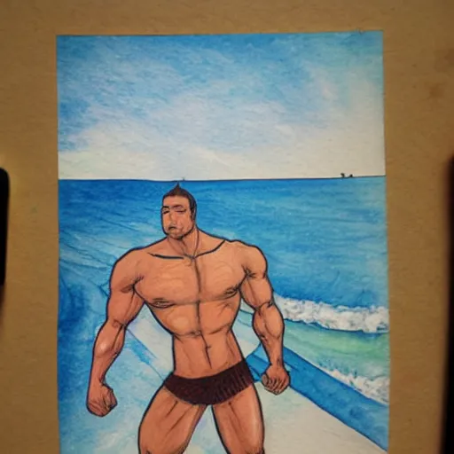 Image similar to bara character at beach, drawn by sakimichan