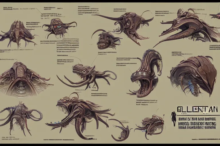 Image similar to schematic diagram of alien boss, biology, book, page, detailed, cross section, trending on artstation, cgsociety, Ralph McQuarrie and Greg Rutkowski and mobius