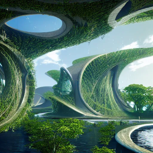 Image similar to fractal flowing eco sustainable utopian architecture, artstation, realistic, octane render, cinematic.