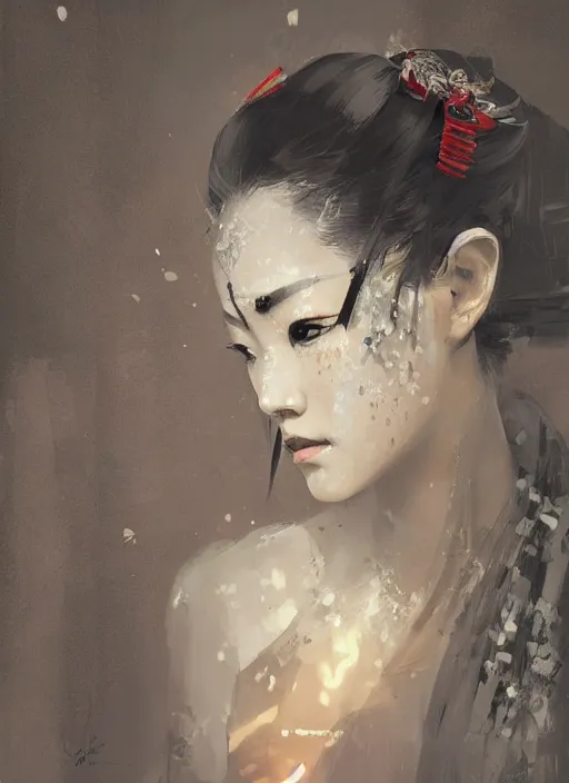 Image similar to female geisha girl, beautiful face, rule of thirds, intricate outfit, symmetrical, spotlight, by greg rutkowski, by jeremy mann, digital painting