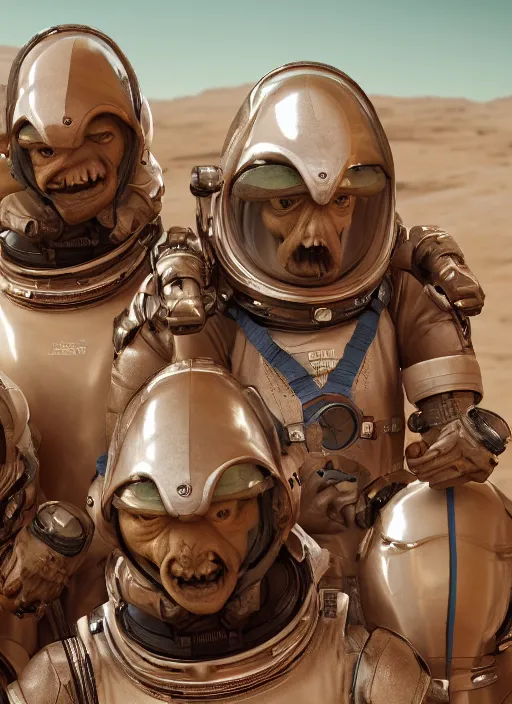 Image similar to group closeup portrait of medieval goblins wearing spacesuits on mars, depth of field, zeiss lens, detailed, symmetrical, centered, fashion photoshoot, by annie leibovitz and steve mccurry, david lazar, jimmy nelsson, breathtaking, 8 k resolution, extremely detailed, beautiful, establishing shot, artistic, hyperrealistic, beautiful face, octane render