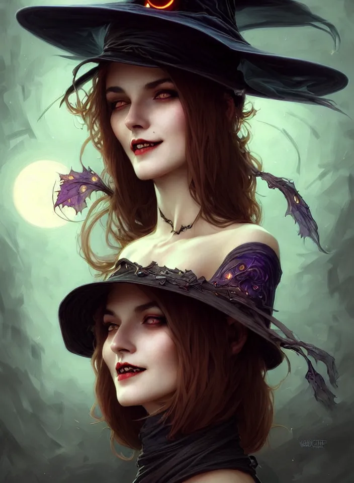 Image similar to halloween witch woman in a hat smiles, fantasy magic, undercut hairstyle, dark light night, intricate, elegant, sharp focus, illustration, highly detailed, digital painting, concept art, matte, art by wlop and artgerm and greg rutkowski and alphonse mucha, masterpiece