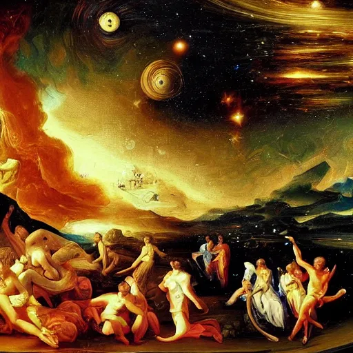 Image similar to life in the cosmos, detailed baroque oil painting