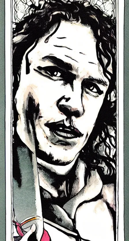 Prompt: Heath Ledger as the Hanged Man Tarot Card