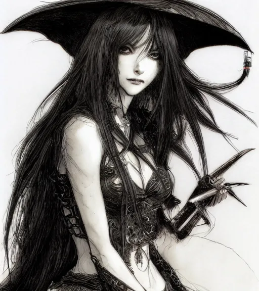 Prompt: portrait of anime succubus with long hair wearing a witch hat, pen and ink, intricate line drawings, by craig mullins, ruan jia, kentaro miura, greg rutkowski, loundraw